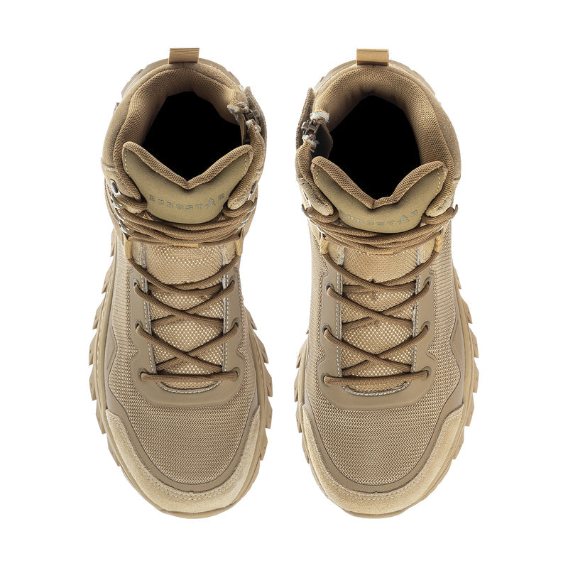 Men's tan high-top boots, rear view, padded ankle and lace-up closure