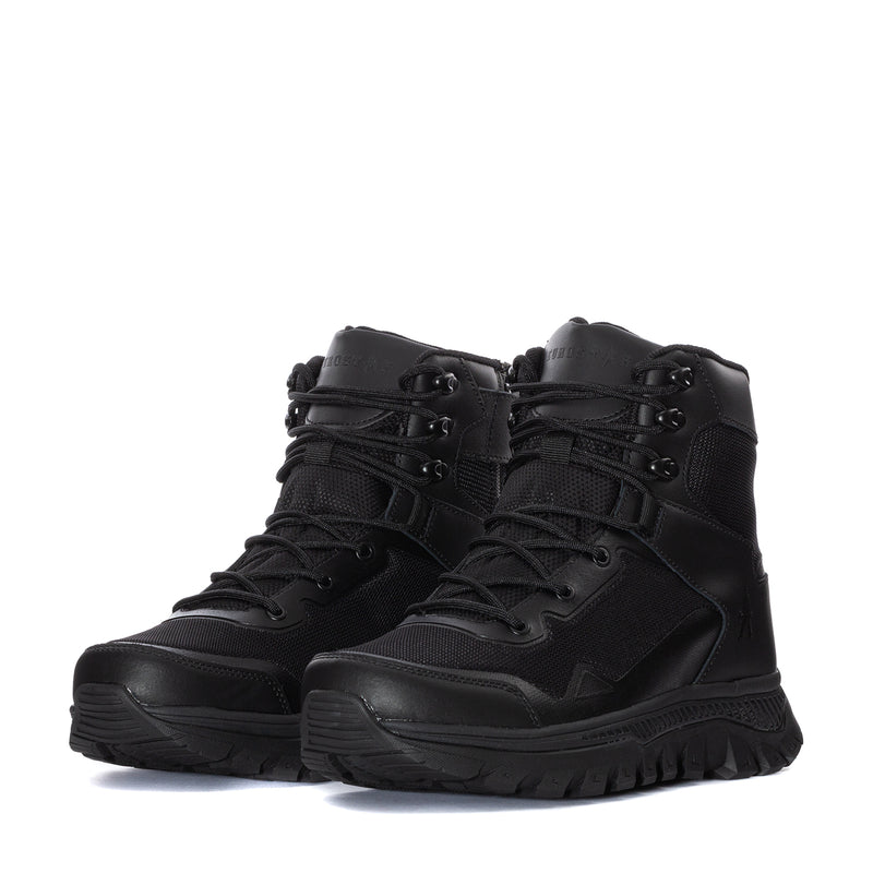 Pair of men's black mid-top lace-up boots with cushioned tongue and treaded sole