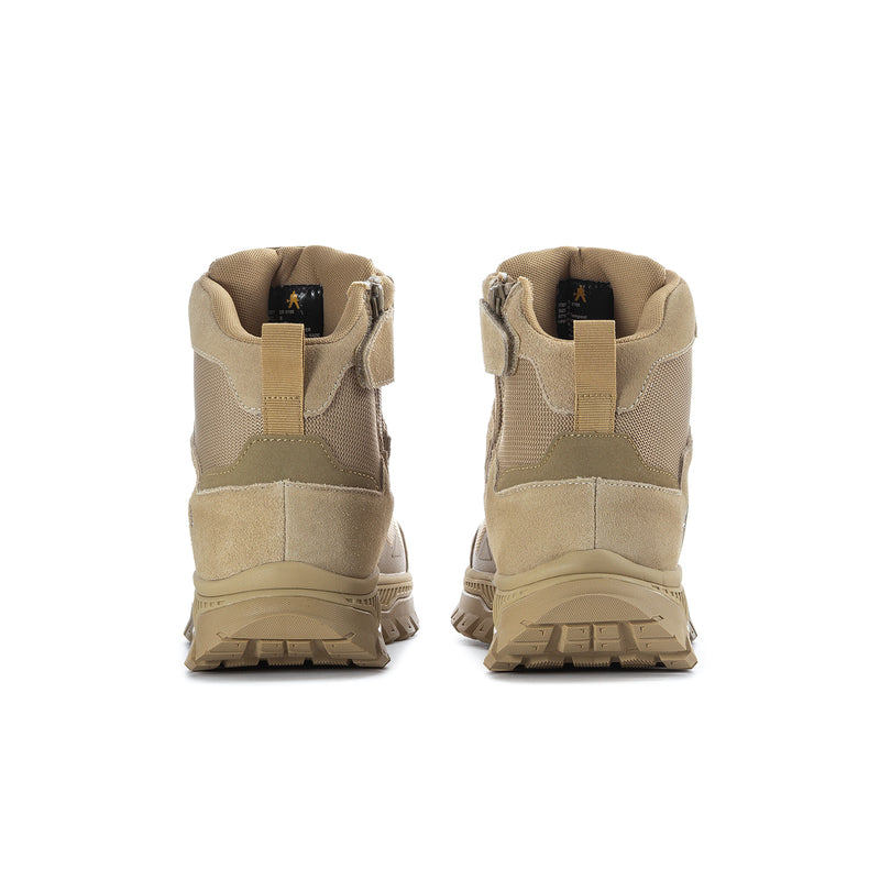 Men's tan high-top boots, heel view, padded collar and rugged lug outsole