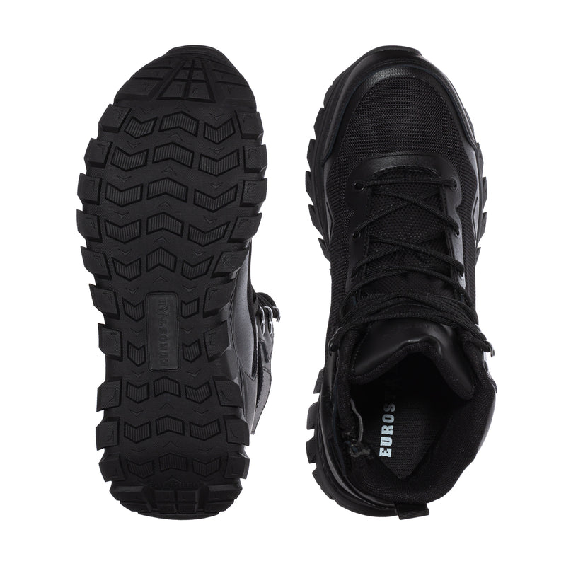 Men's black boot with textured outsole tread and padded ankle opening