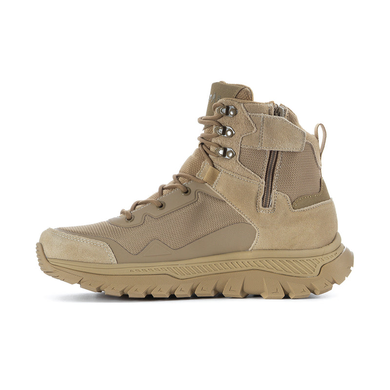 Men's tan high-top lace-up boots with side pull tab and textured upper