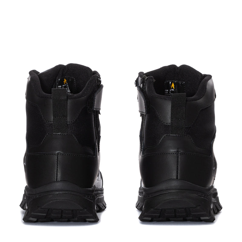 Men's black mid-top boots with heel pull tabs, padded back, and rugged tread