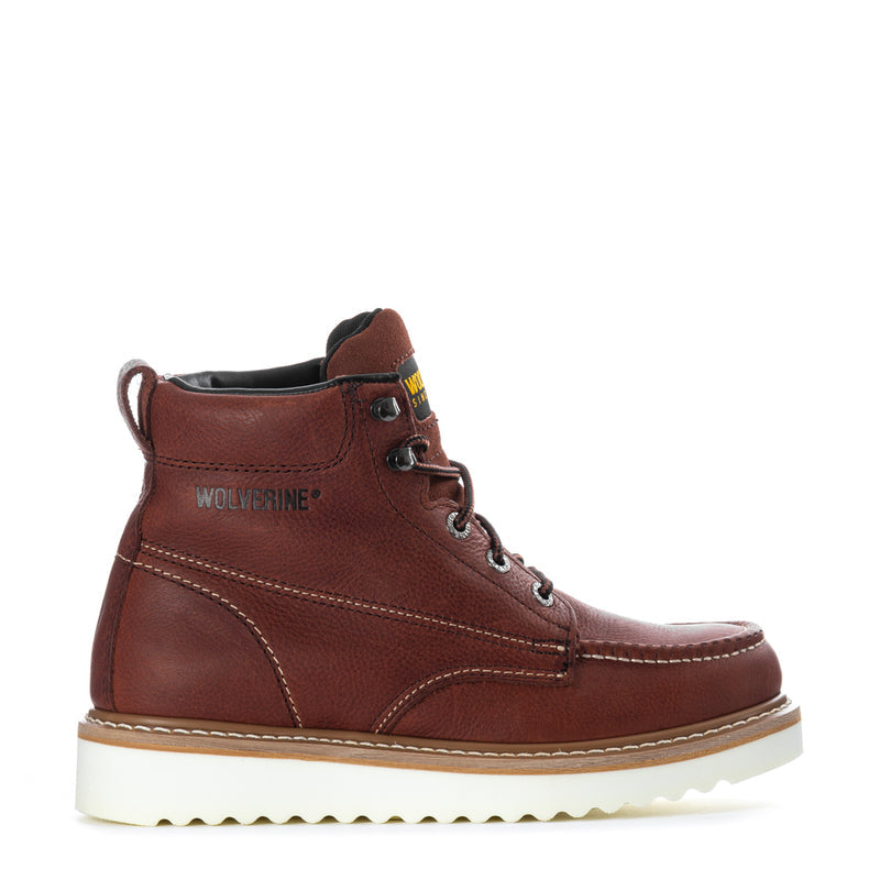 Men's rust leather work wedge boots with lace-up front and Wolverine logo