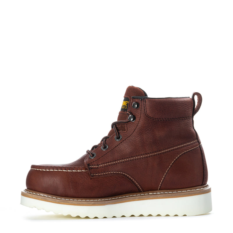 Wolverine men’s leather work boot in rust-brown with steel toe and lace-up wedge sole