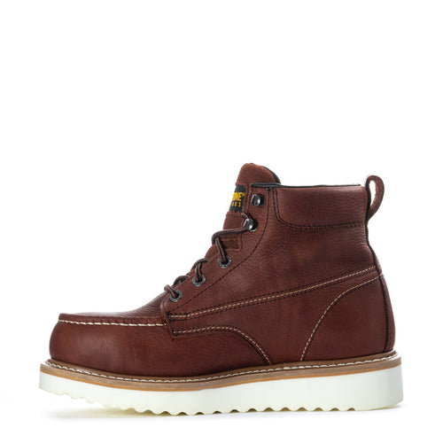 Wolverine men’s leather work boot in rust-brown with steel toe and lace-up wedge sole
