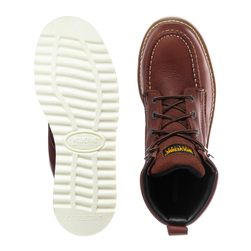 Steel-toe work boot outsole and toe profile, rust-brown leather, lace-up wedge sole