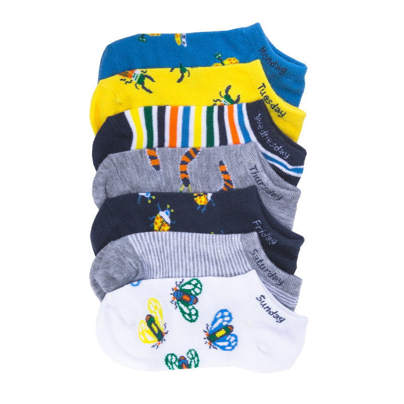 7-pack no-show ankle socks, multicolor with bug and striped prints, ribbed cuffs
