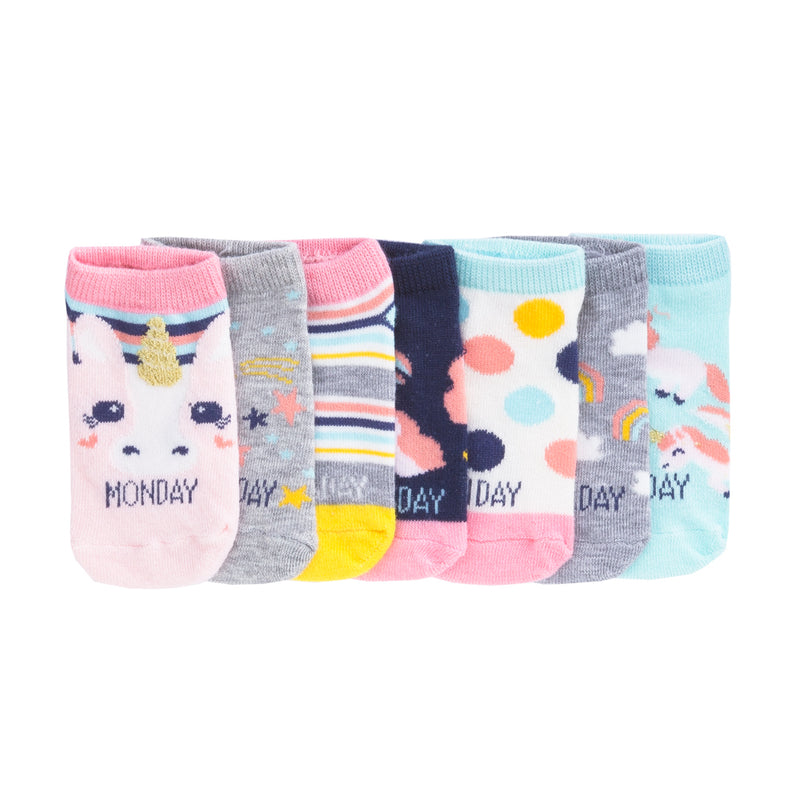 7-pack x-small no-show socks with pastel day-of-week unicorn and rainbow prints