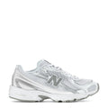 Kids running sneakers, white with silver metallic N logo, lace-up