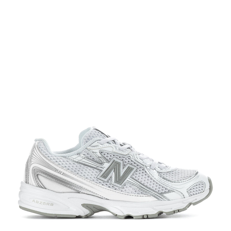 Kids running sneakers, white with silver metallic N logo, lace-up