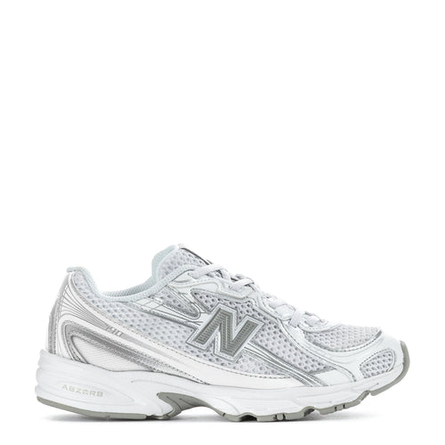 Kids running sneakers, white with silver metallic N logo, lace-up