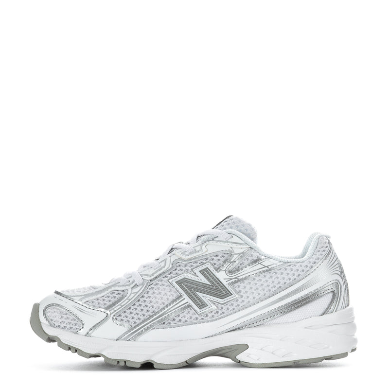 Kids running sneakers, side view in white with silver metallic accents