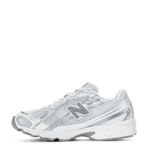 Kids running sneakers, side view in white with silver metallic accents