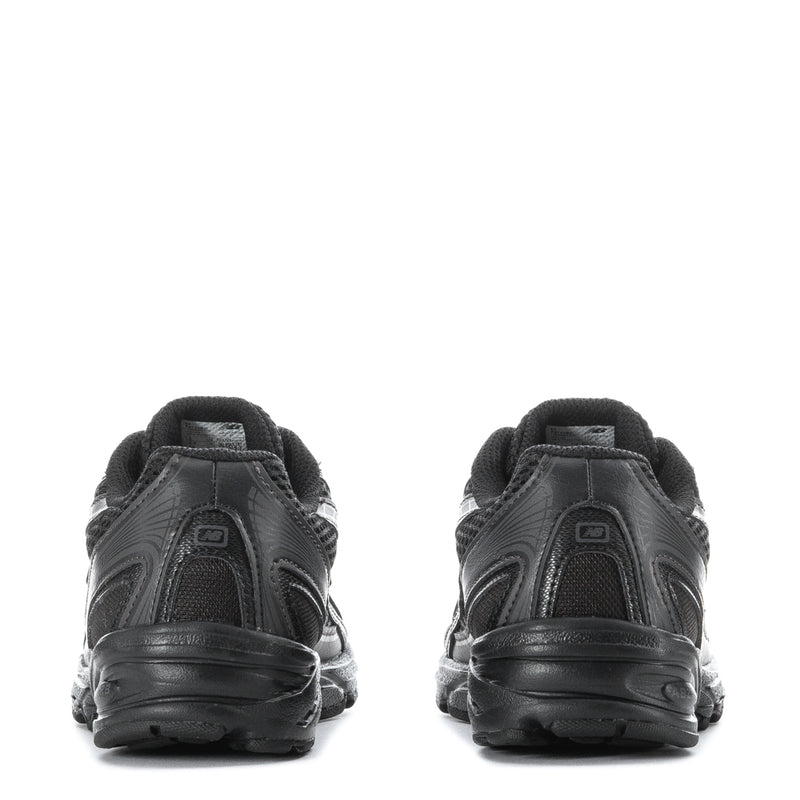 Kids' running sneakers, black and dark gray, rear heel cushioning, lace-up