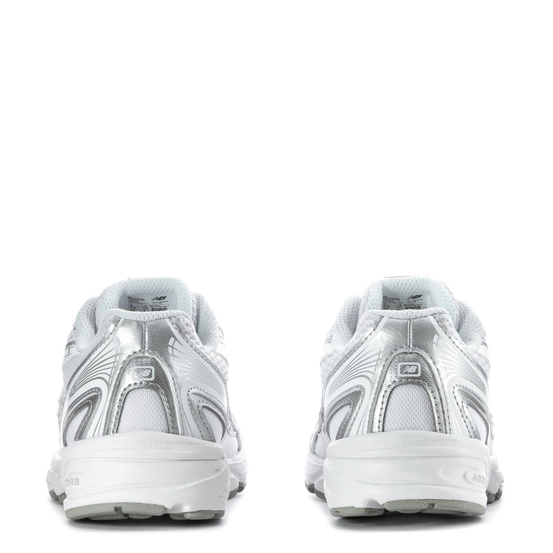 Kids running sneakers, white heel with silver trim and lace-up closure