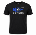 The 9/11 25th Anniversary Commemorative T-Shirt is a black limited edition tee featuring “GORUCK XXV 9/11” text, a Pentagon graphic, and a blue arrow pointing left—an ideal tribute to honor and remember the anniversary.