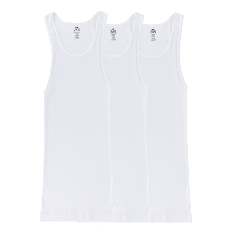 Three-pack white sleeveless tank tops, crew neck, flat lay
