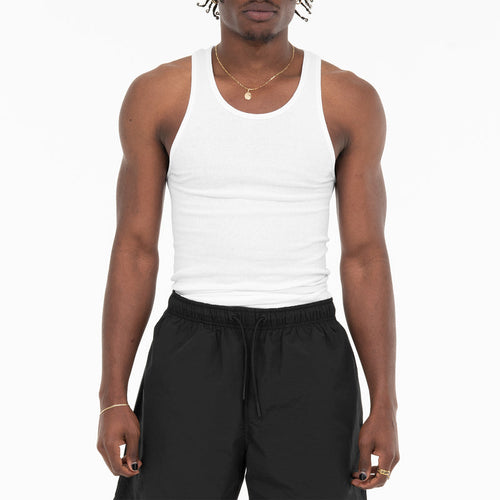 Men's white sleeveless tank top with crew neckline, front view