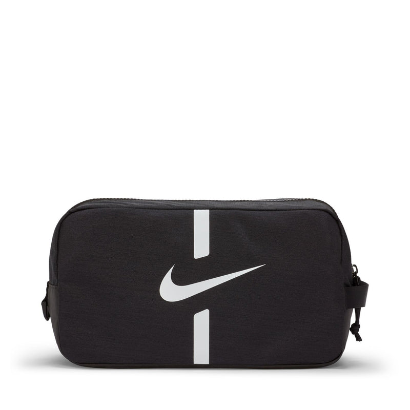 Black soccer shoe bag with white Nike swoosh and vertical white accents