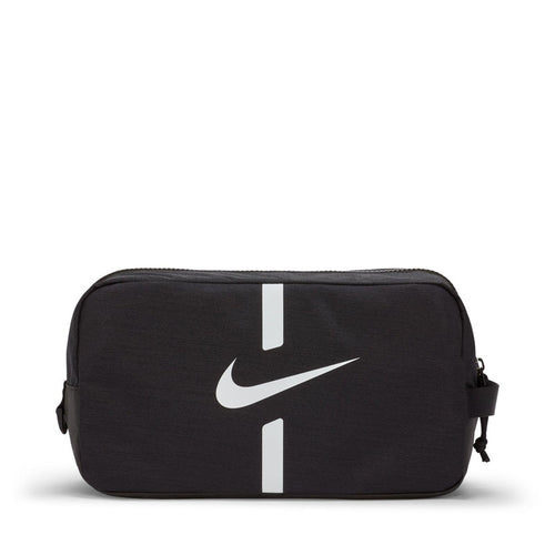 Black soccer shoe bag with white Nike swoosh and vertical white accents