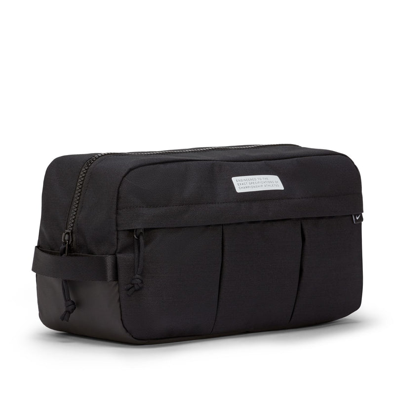 Black soccer shoe bag with front organizer panel, zip closure, and side loops