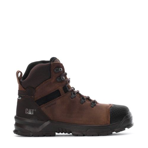 Men's brown steel-toe waterproof work boot with lace-up front and rugged sole