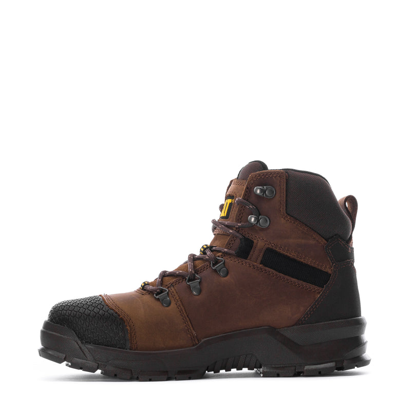 Men's brown steel-toe waterproof work boot, side view with padded collar and laces