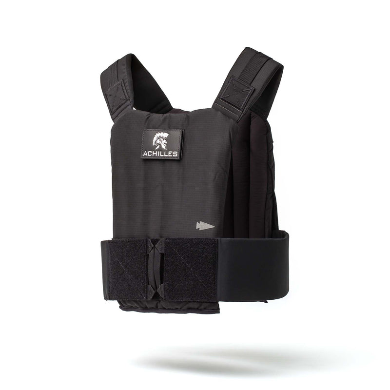The Achilles Vest is a black premium men's vest with an "ACHILLES" logo and adjustable straps, built for rugged performance and shown on a white background.