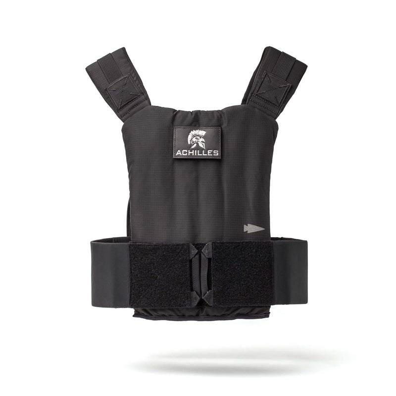 Achilles Vest: Premium black men’s vest with "ACHILLES" logo and adjustable shoulder straps, built for rugged performance in any workout. Shown on a white background.
