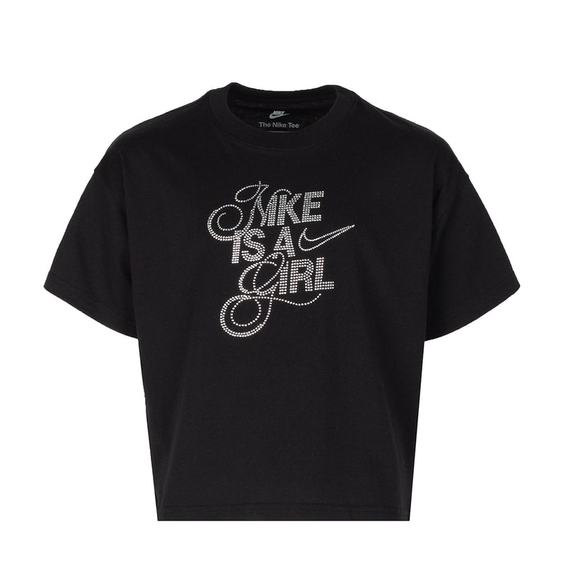 Youth black graphic tee with 'Nike is a girl' text