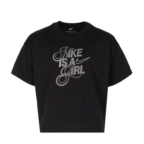 Youth black graphic tee with 'Nike is a girl' text