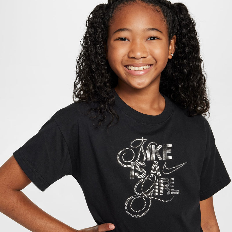 Youth black graphic T-shirt with 'Nike is a girl' slogan