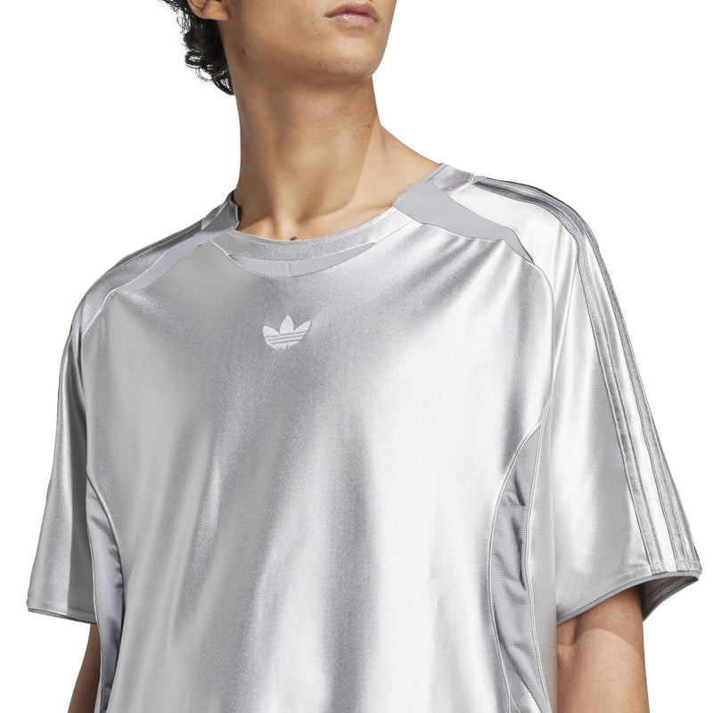 Men's light grey Adicolor tee close-up of chest trefoil logo and crew neckline