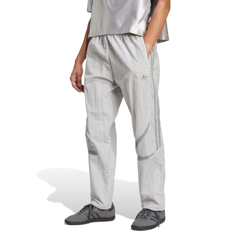 Men's woven track pants, light grey with tapered legs and side logo tape