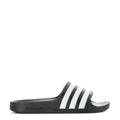Kids black slide sandals with white triple stripes and molded footbed