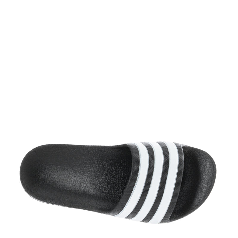Kids black slide sandals top view with white triple stripes