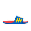 Men's Adilette Comfort 2.0 slide sandals in blue with red footbed and yellow stripes