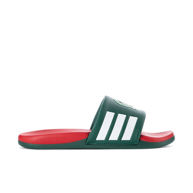 Men's green slide sandals with white triple stripes and red footbed