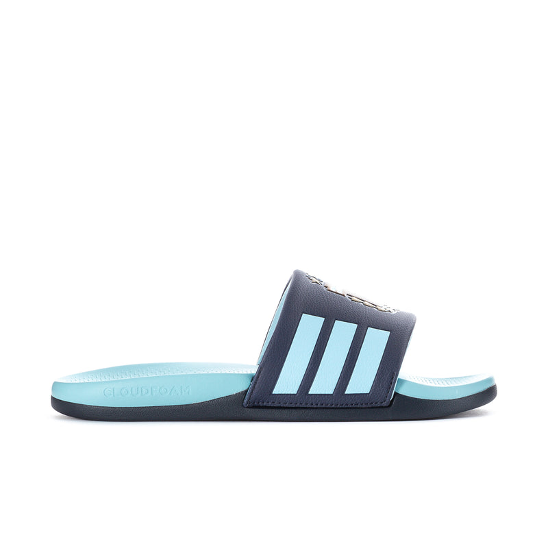 Men's slide sandals in light blue and dark navy with three white stripes