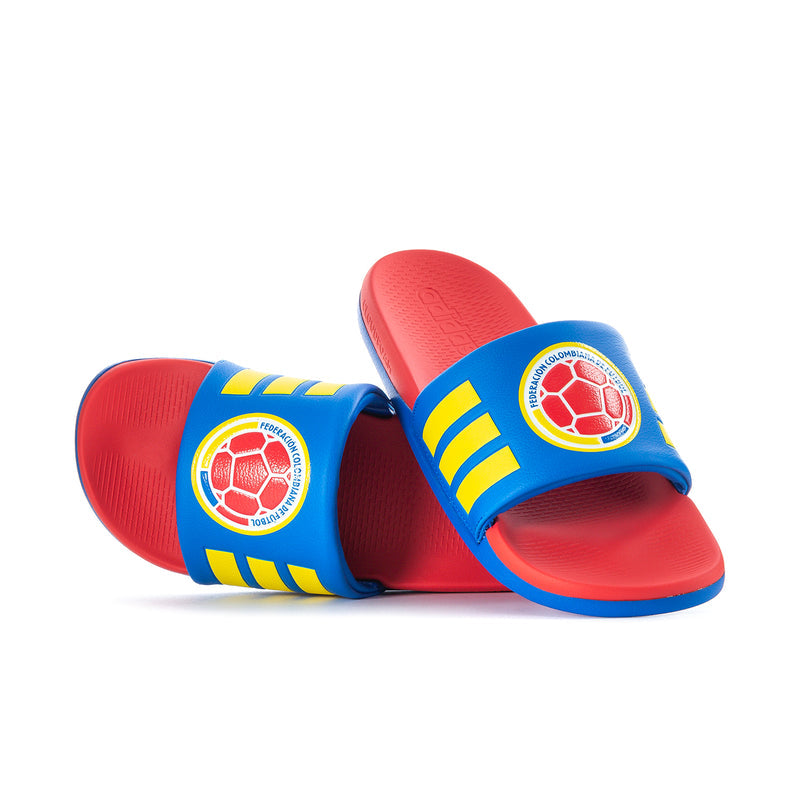 Men's Adilette Comfort 2.0 slides with Colombia crest on blue strap, red and yellow details