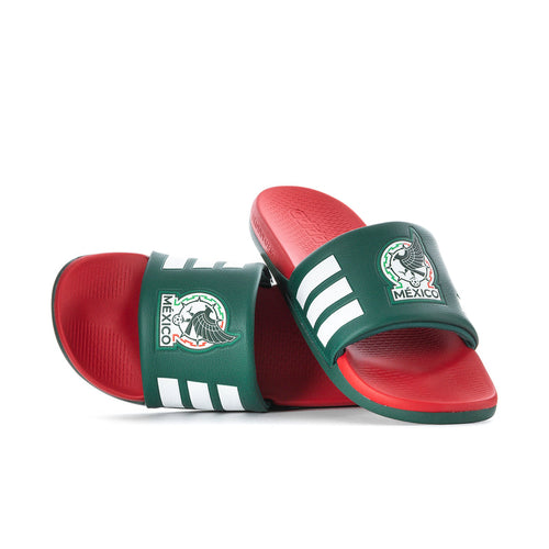 Men's green slide sandals with white stripes and red insoles, Mexico logo on strap