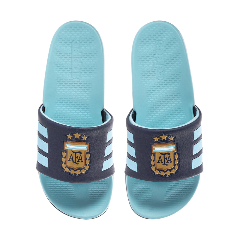 Pair of men's slide sandals showing light blue footbed and AFA logo straps