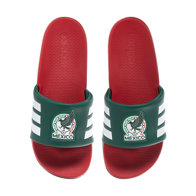 Pair of red insoles with green straps and Mexico logo on slide sandals