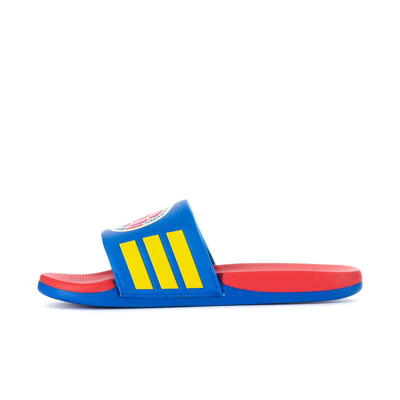 Men's Adilette Comfort 2.0 slide sandals, blue strap with three yellow stripes over red