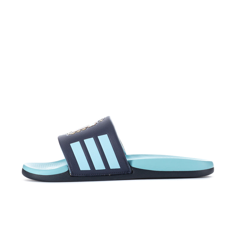 Men's slide sandals side view: light blue footbed, dark navy strap, white stripes