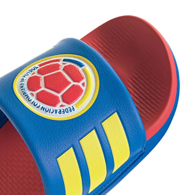 Men's Adilette Comfort 2.0 strap close-up with Colombia soccer crest, blue and yellow stripes