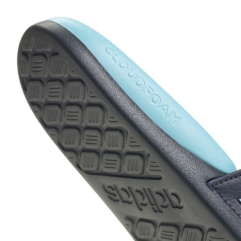 Men's slide sandals with light blue footbed and black textured outsole