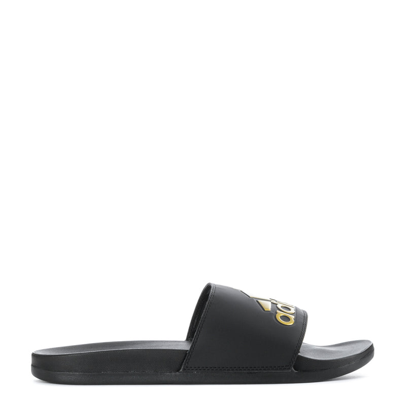 Men's black slide sandals with gold adidas logo strap