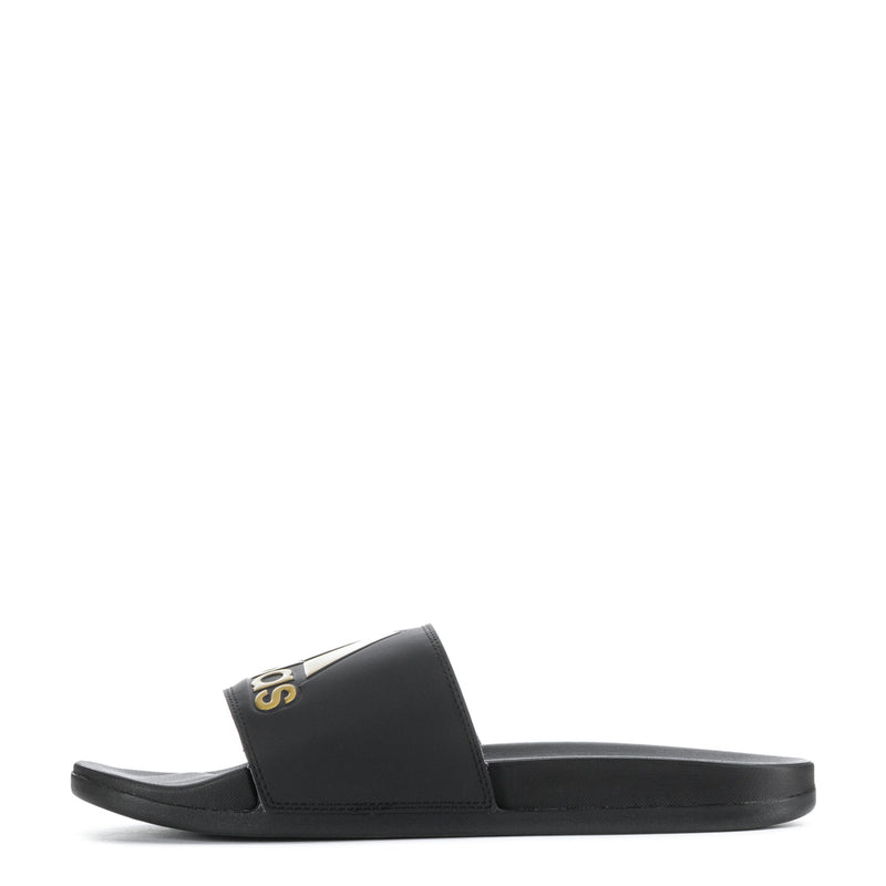 Men's black slide sandals, side view with gold adidas and trefoil branding