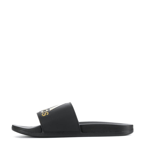 Men's black slide sandals, side view with gold adidas and trefoil branding